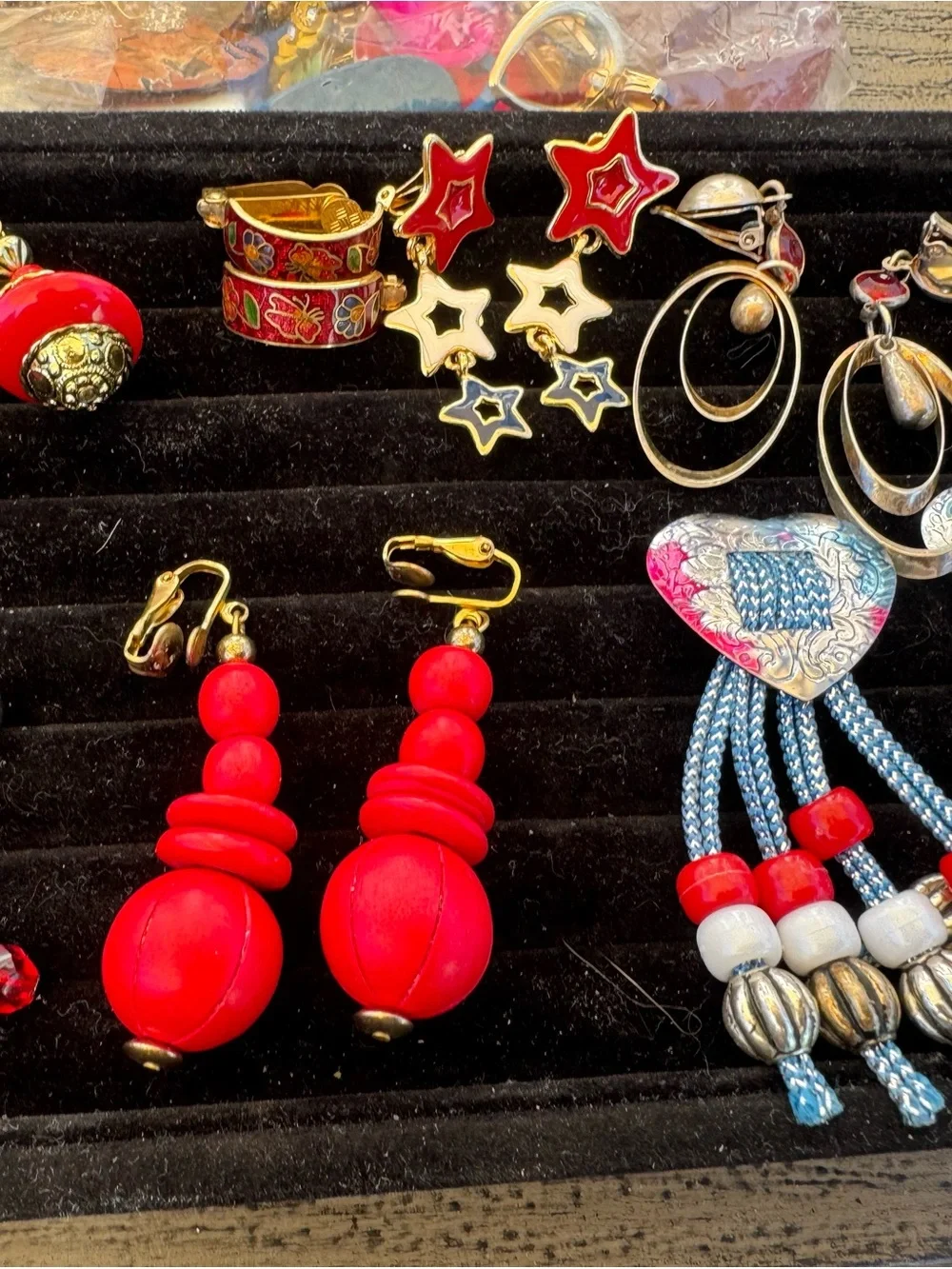 Red white and blue Fourth of July‎ patriotic Bold Red Bead Clip-On Earrings Lot